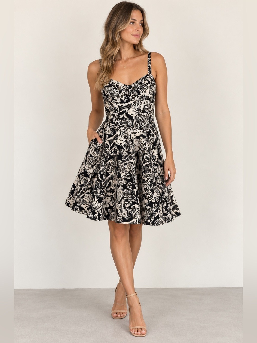 Sam Edelman Black and Cream Floral Fit-and-Flare Mini Dress